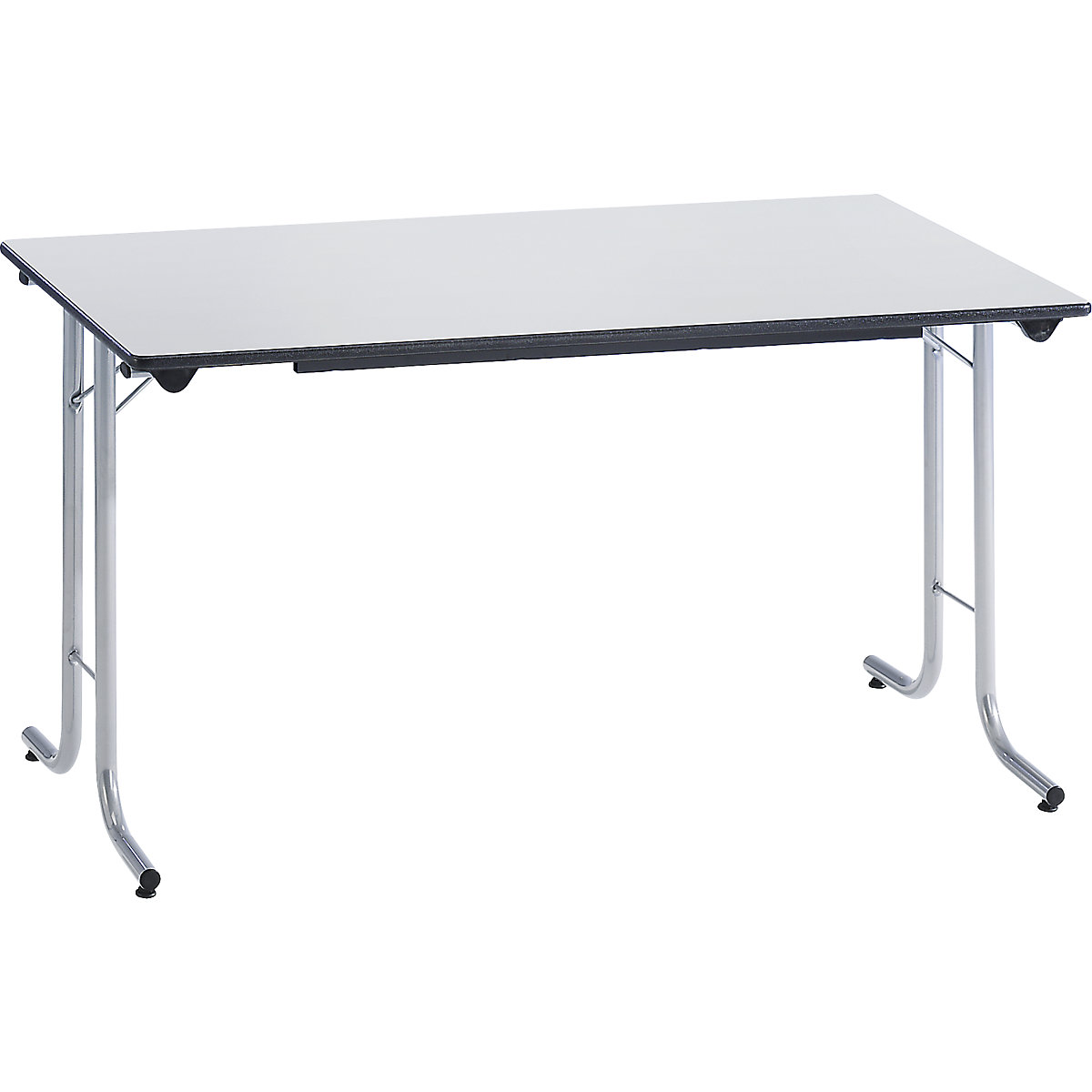 Folding table, with rounded edges, round tubular frame, rectangular top, 1200 x 700 mm, aluminium coloured frame, light grey tabletop-1