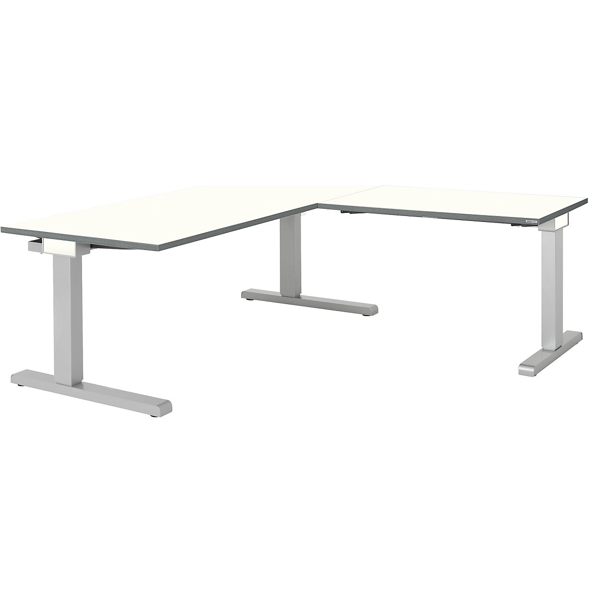 Desk, interlinked – mauser, WxD 1600 x 800 mm, angled extension on right (width 1000 mm), white top, white aluminium frame-3