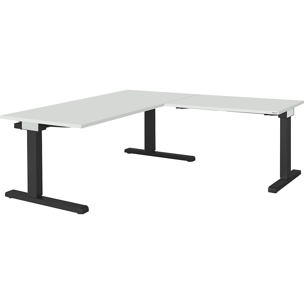 Desk, interlinked – mauser, WxD 1600 x 800 mm, angled extension on right (width 1000 mm), light grey top, charcoal frame-2