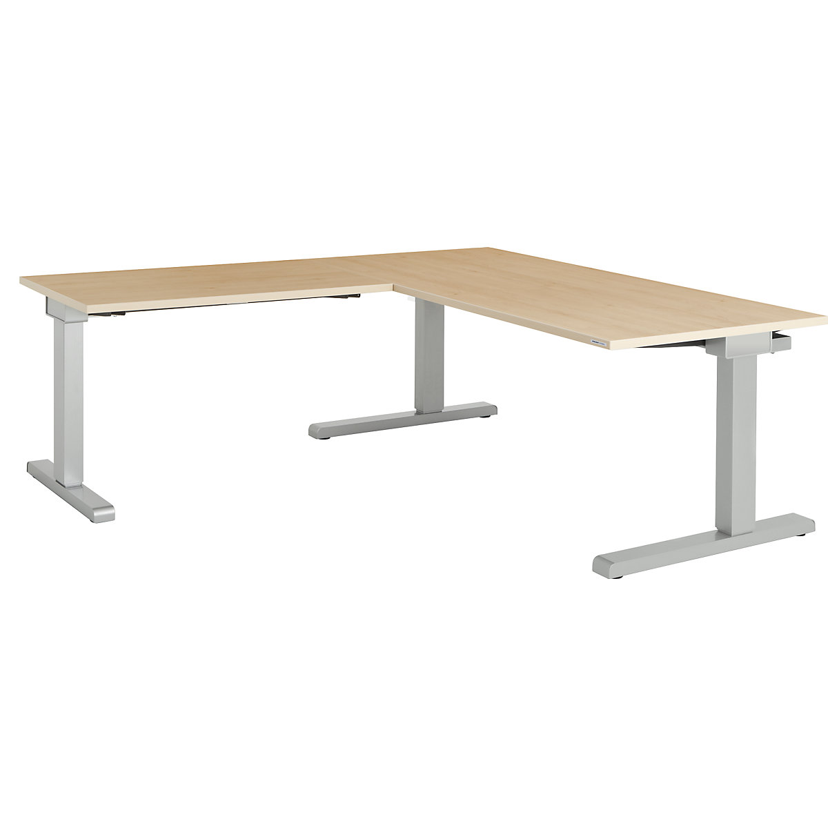 Desk, interlinked – mauser, WxD 1600 x 800 mm, angled extension on left (width 1000 mm), maple finish top, white aluminium frame-2