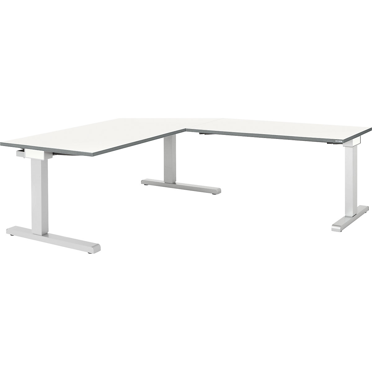 Desk, interlinked – mauser, WxD 1600 x 800 mm, angled extension on right (width 1200 mm), white top, white aluminium frame-3