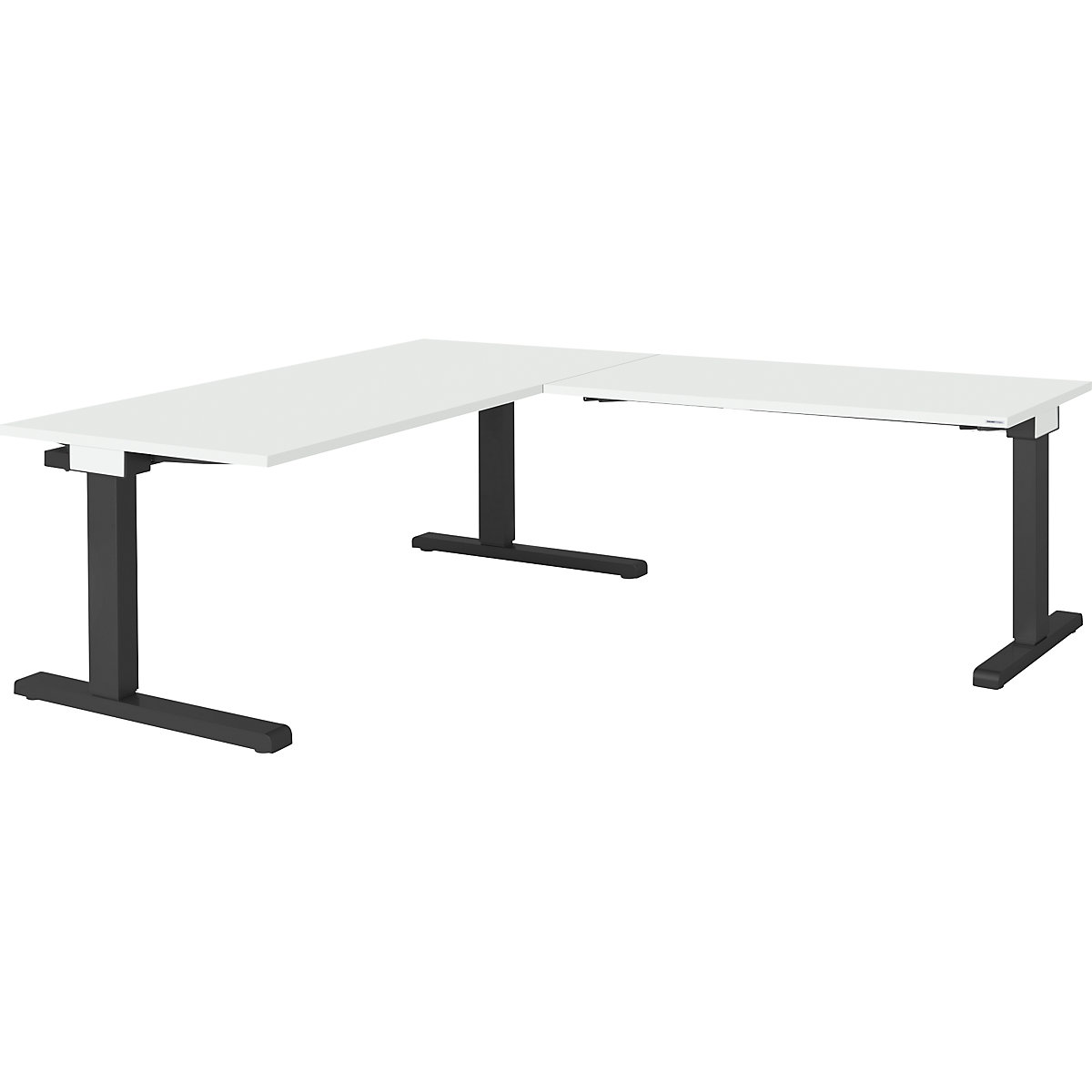 Desk, interlinked – mauser, WxD 1600 x 800 mm, angled extension on right (width 1200 mm), light grey top, charcoal frame-2