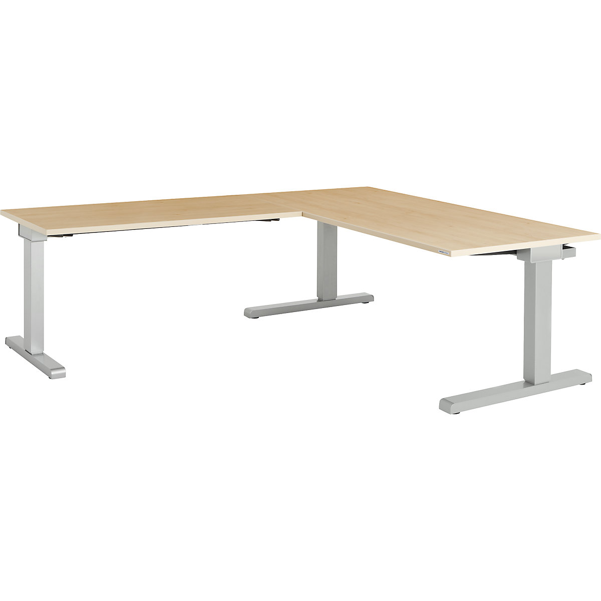 Desk, interlinked – mauser, WxD 1600 x 800 mm, angled extension on left (width 1200 mm), maple finish top, white aluminium frame-3