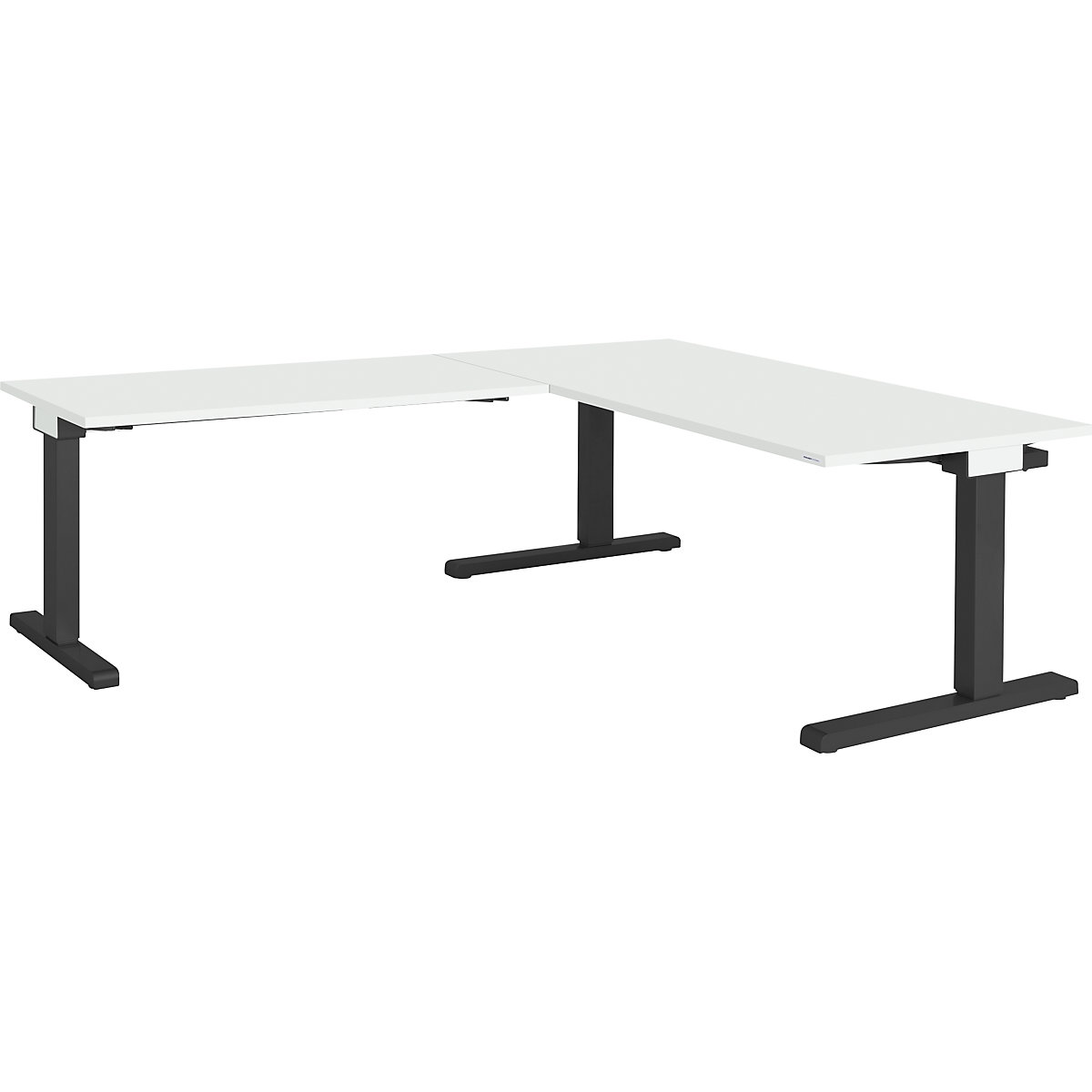 Desk, interlinked – mauser, WxD 1600 x 800 mm, angled extension on left (width 1200 mm), light grey top, charcoal frame-2