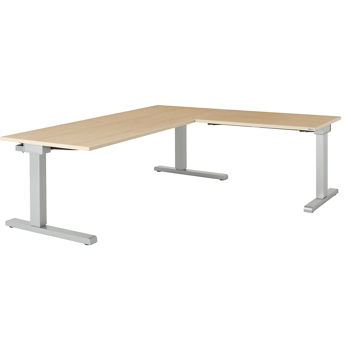 Desk, interlinked – mauser, WxD 1800 x 800 mm, angled extension on right (width 1000 mm), maple finish top, white aluminium frame-2