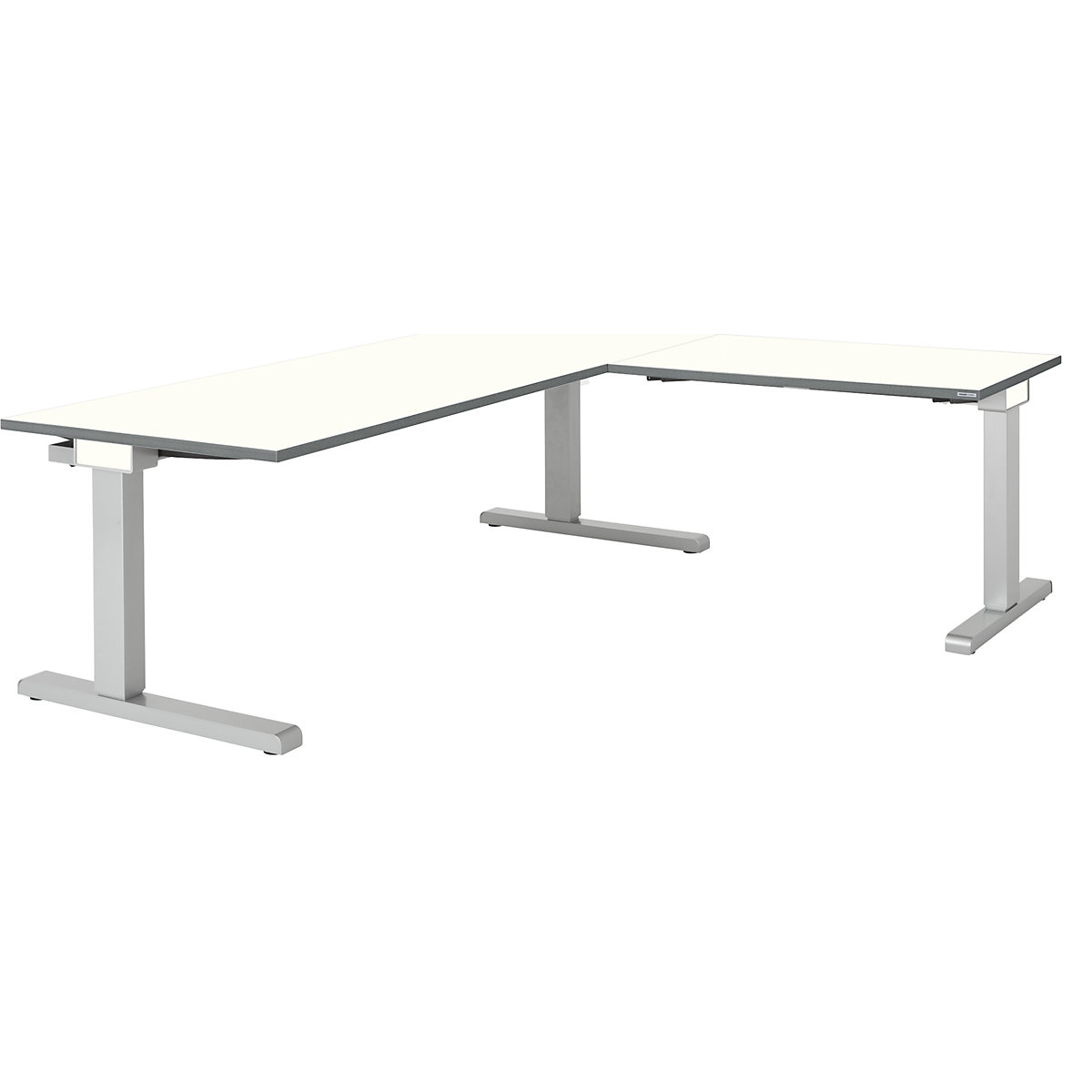 Desk, interlinked – mauser, WxD 1800 x 800 mm, angled extension on right (width 1000 mm), white top, white aluminium frame-3
