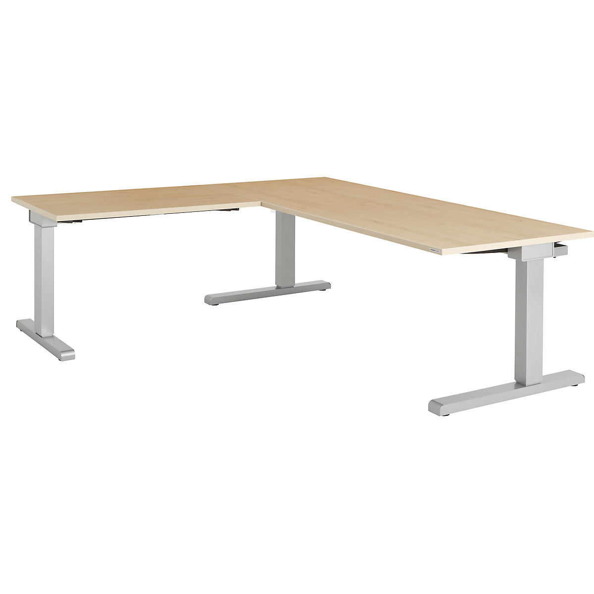 Desk, interlinked – mauser, WxD 1800 x 800 mm, angled extension on left (width 1000 mm), maple finish top, white aluminium frame-3