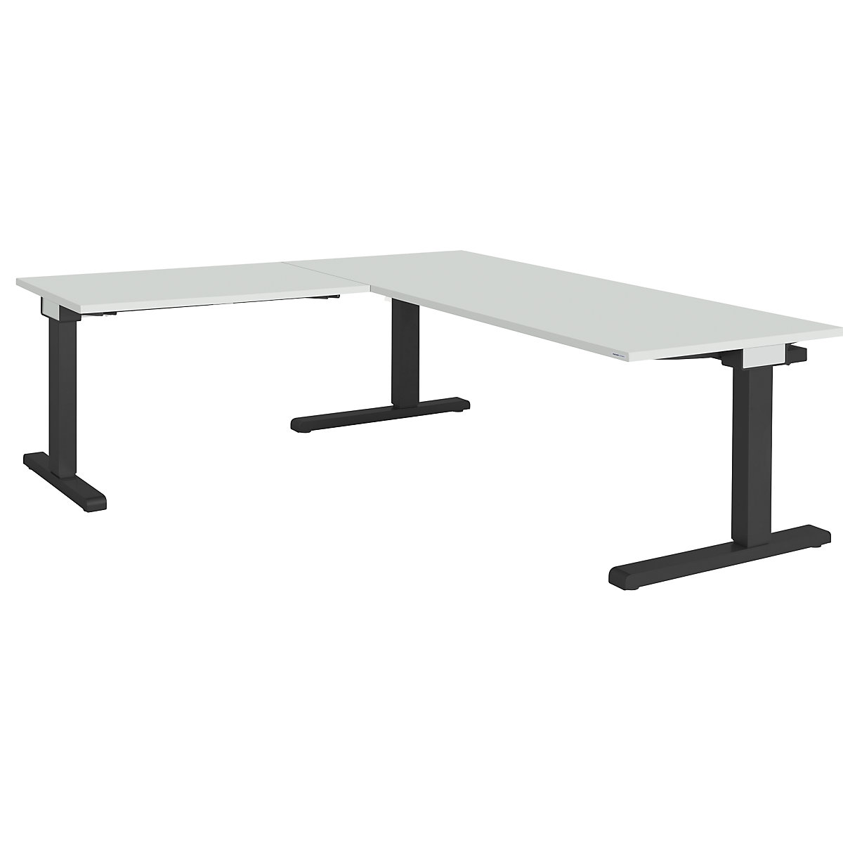 Desk, interlinked – mauser, WxD 1800 x 800 mm, angled extension on left (width 1000 mm), light grey top, charcoal frame-2