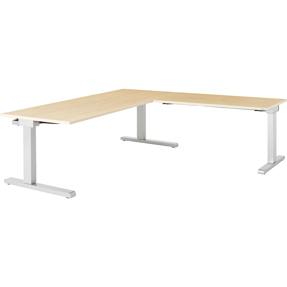 Desk, interlinked – mauser, WxD 1800 x 800 mm, angled extension on right (width 1200 mm), maple finish top, white aluminium frame-3