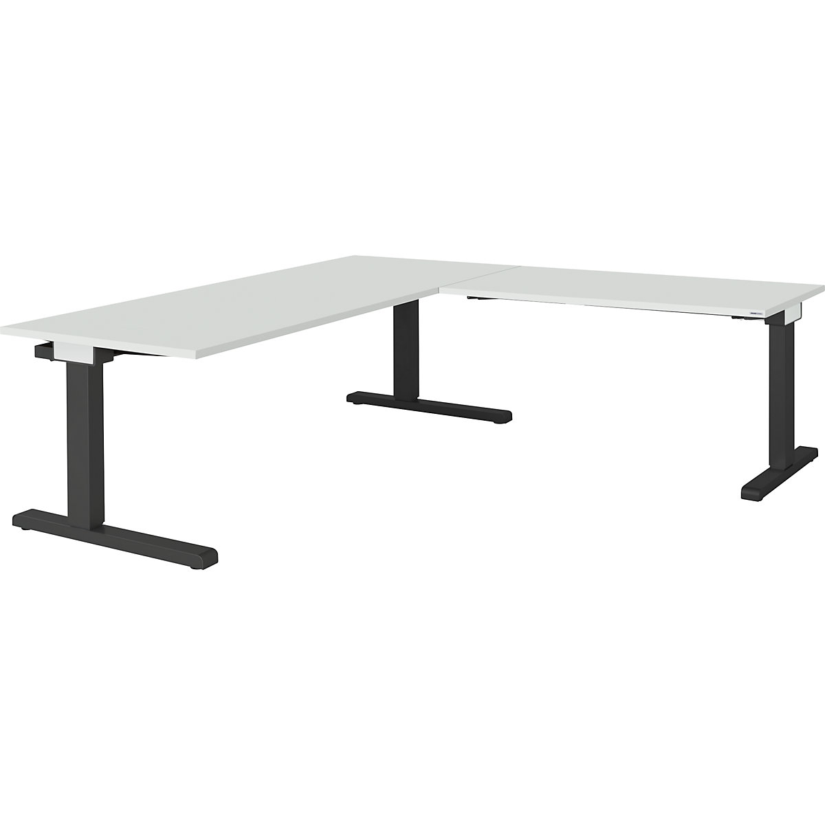 Desk, interlinked – mauser, WxD 1800 x 800 mm, angled extension on right (width 1200 mm), light grey top, charcoal frame-2