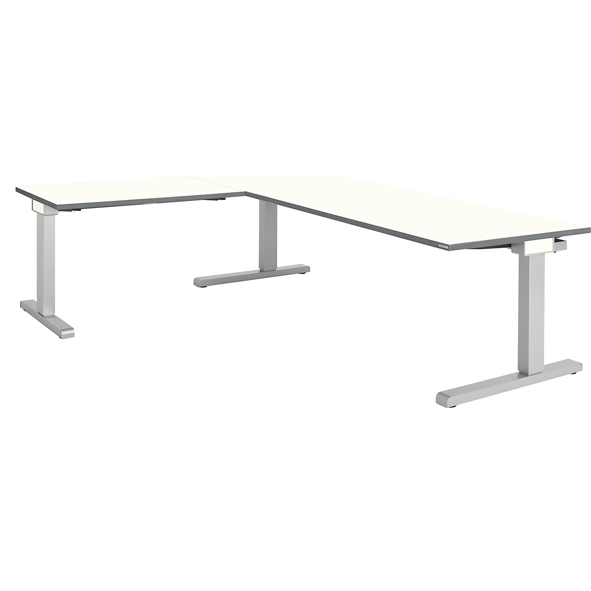 Desk, interlinked – mauser, WxD 2000 x 800 mm, angled extension on left (width 1000 mm), white top, white aluminium frame-3