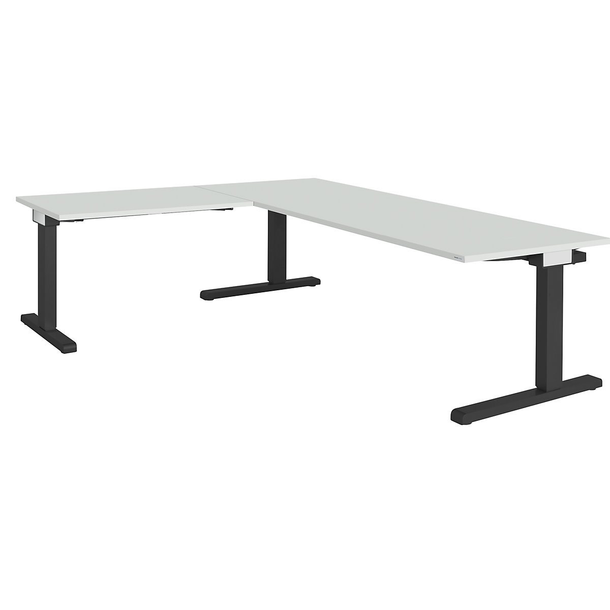 Desk, interlinked – mauser, WxD 2000 x 800 mm, angled extension on left (width 1000 mm), light grey top, charcoal frame-2