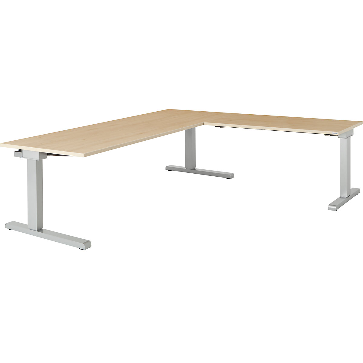 Desk, interlinked – mauser, WxD 2000 x 800 mm, angled extension on right (width 1200 mm), maple finish top, white aluminium frame-3