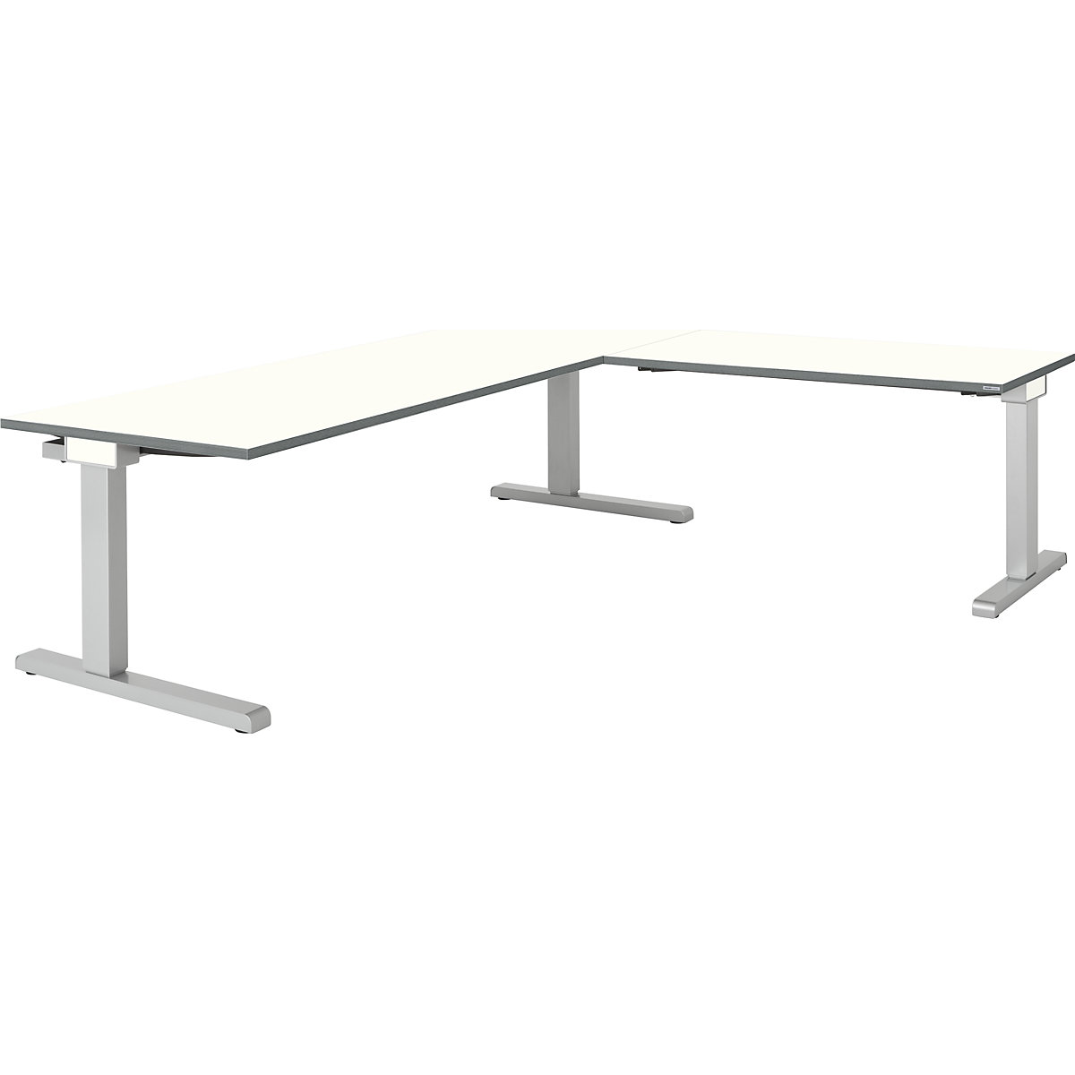 Desk, interlinked – mauser, WxD 2000 x 800 mm, angled extension on right (width 1200 mm), white top, white aluminium frame-2