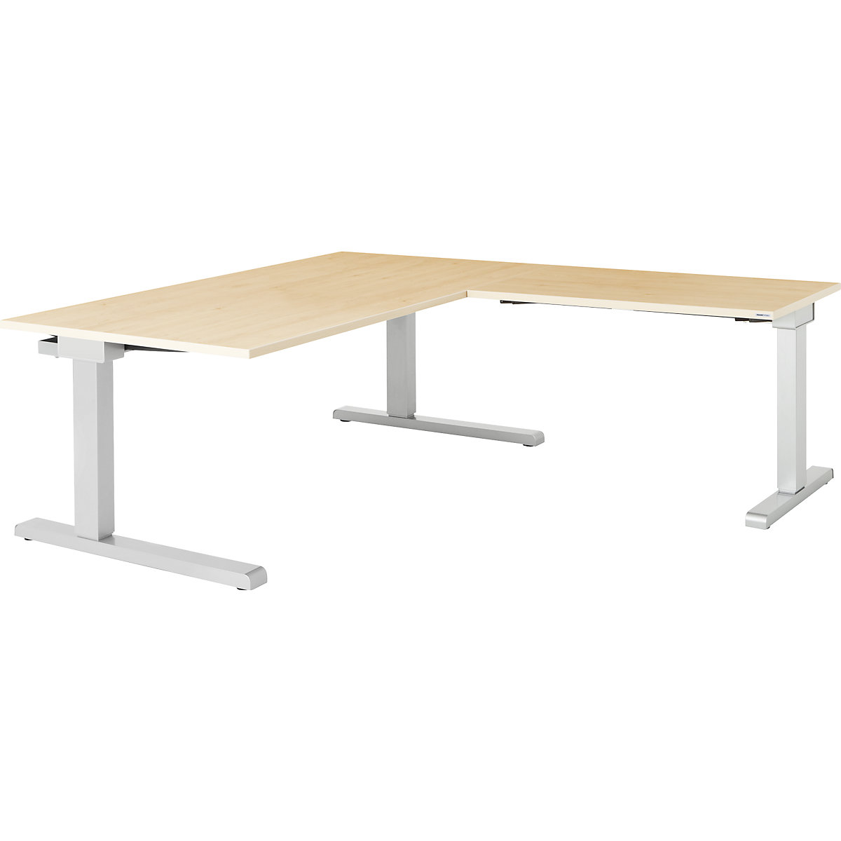 Desk, interlinked – mauser, WxD 1600 x 900 mm, angled extension on right (width 1000 mm), maple finish top, white aluminium frame-3