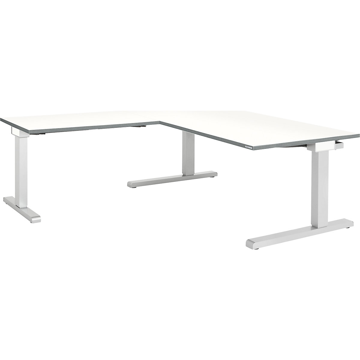 Desk, interlinked – mauser, WxD 1600 x 900 mm, angled extension on left (width 1000 mm), white top, white aluminium frame-3