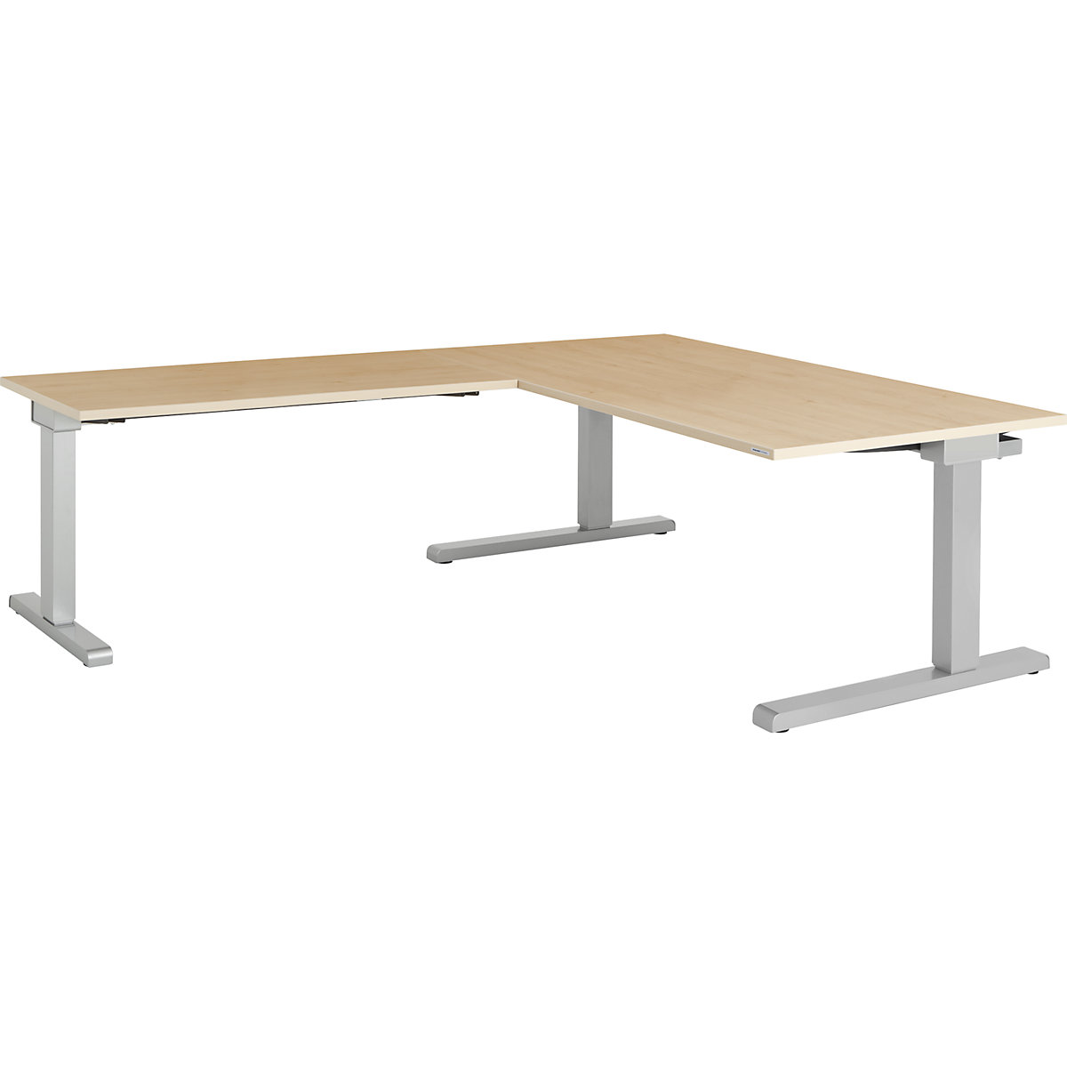 Desk, interlinked – mauser, WxD 1600 x 900 mm, angled extension on left (width 1200 mm), maple finish top, white aluminium frame-2