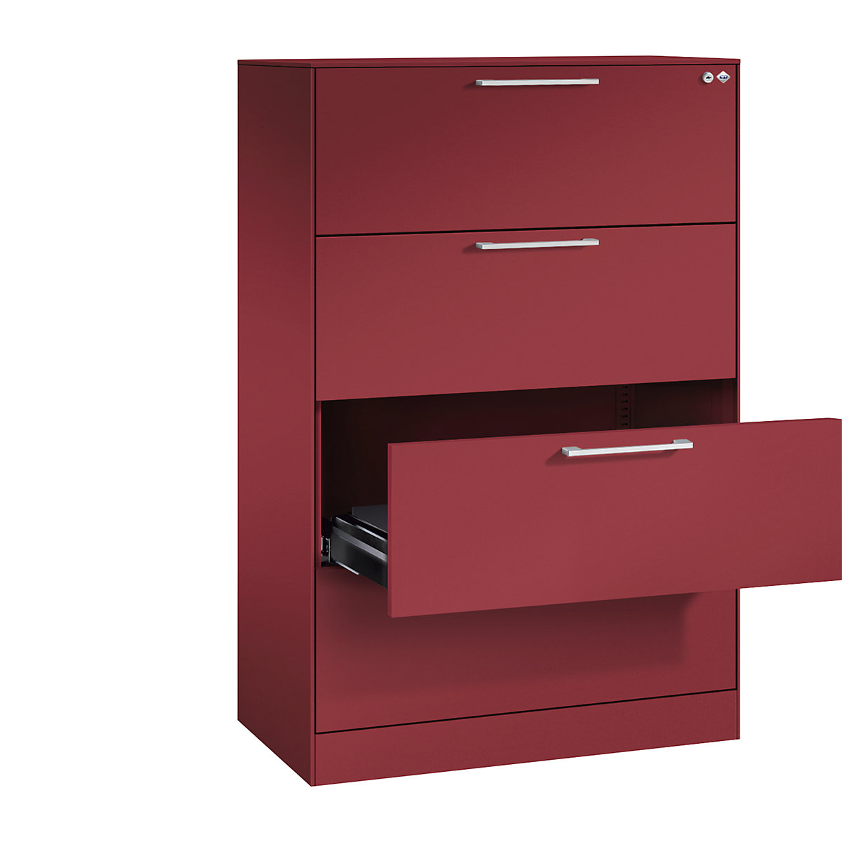 ASISTO card file cabinet – C+P, height 1292 mm, with 4 drawers, A4 landscape, ruby red/ruby red-7