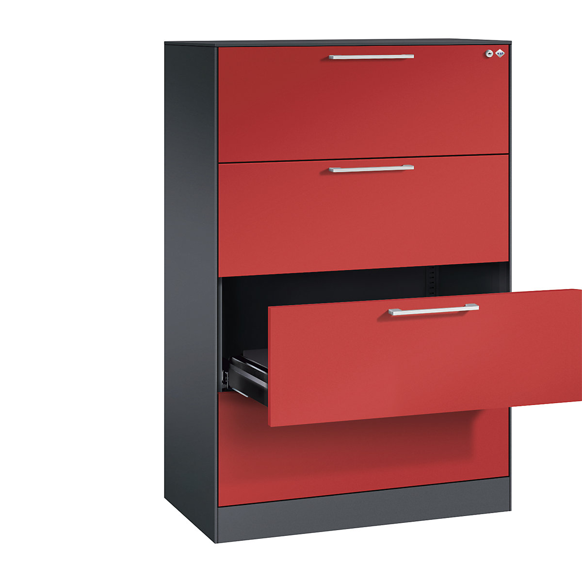 ASISTO card file cabinet – C+P, height 1292 mm, with 4 drawers, A4 landscape, black grey/flame red-14
