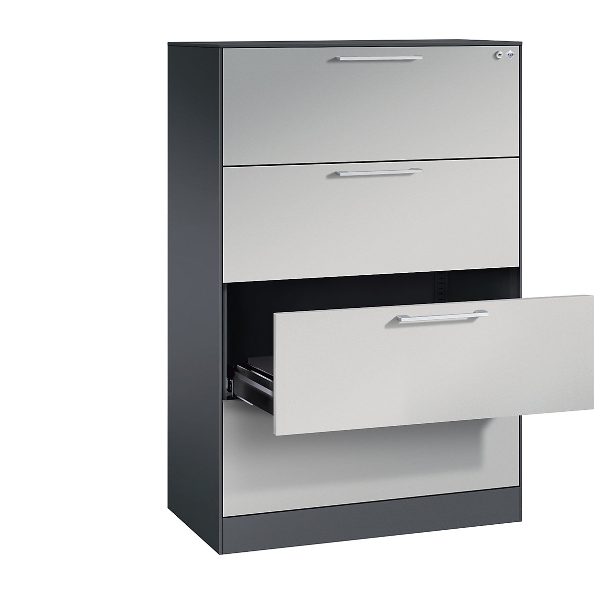 ASISTO card file cabinet – C+P, height 1292 mm, with 4 drawers, A4 landscape, black grey/white aluminium-16