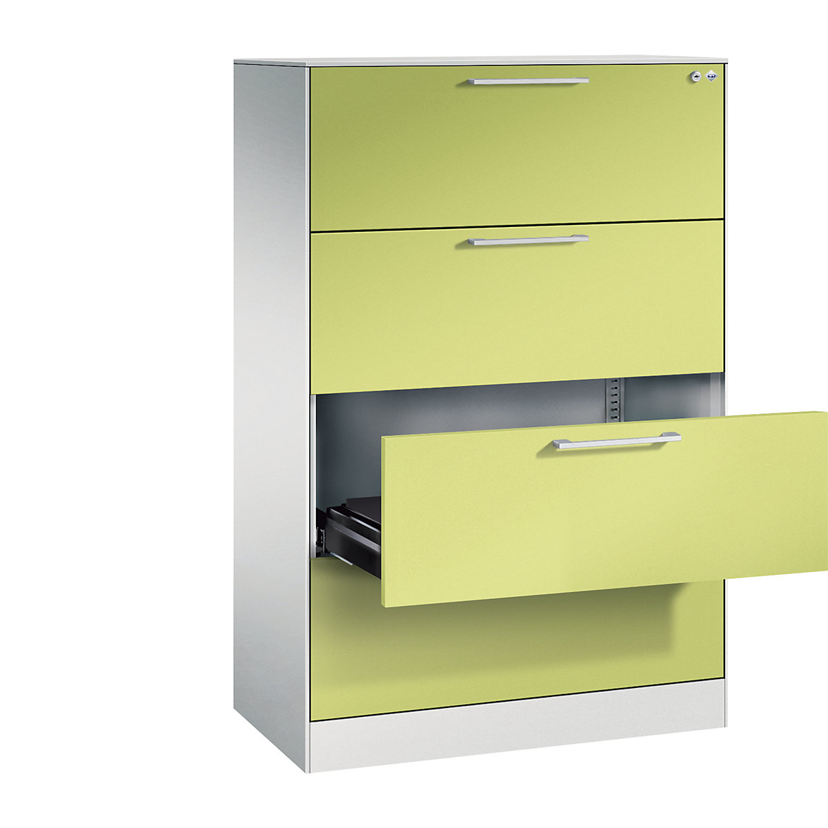 ASISTO card file cabinet – C+P, height 1292 mm, with 4 drawers, A4 landscape, light grey/viridian green-9