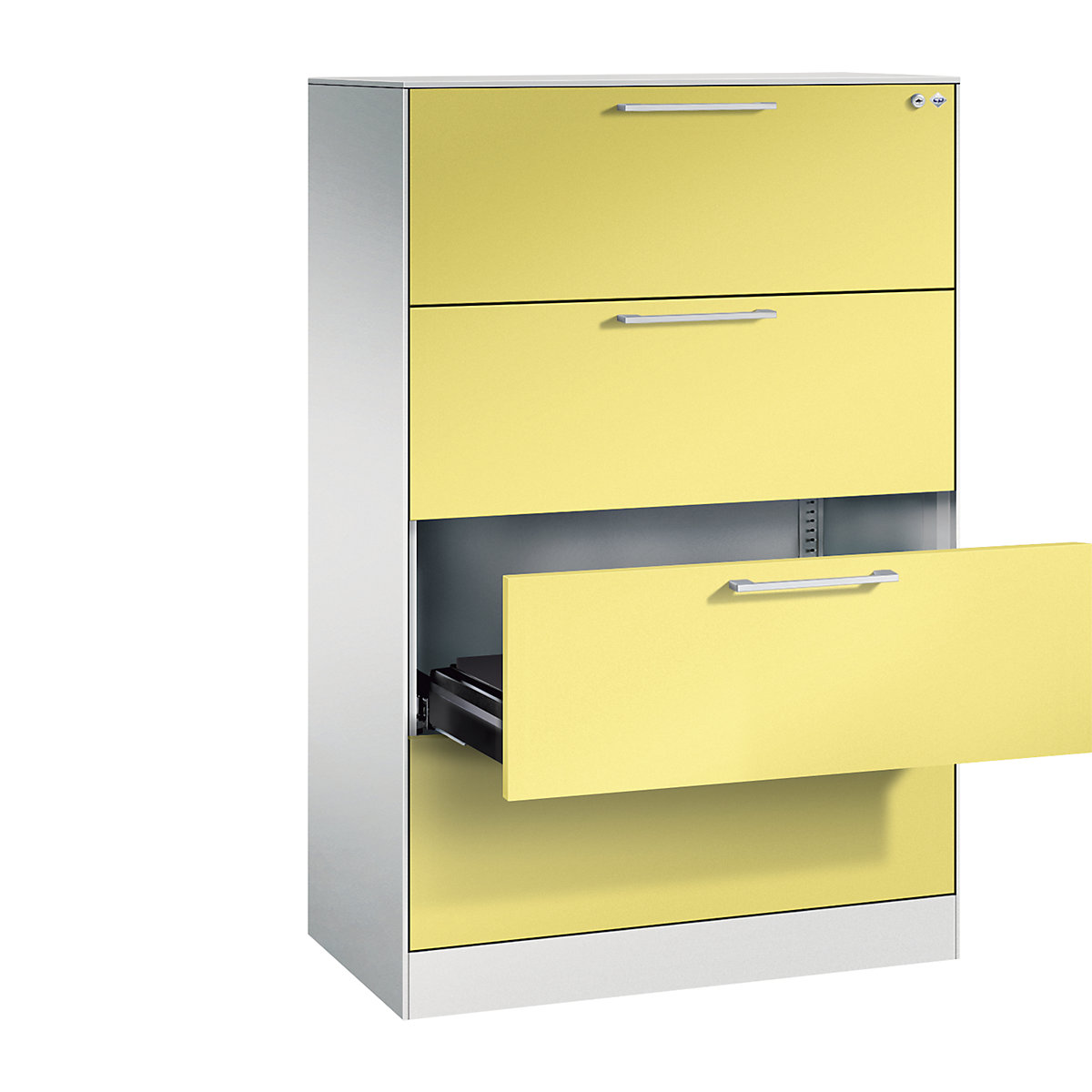 ASISTO card file cabinet – C+P, height 1292 mm, with 4 drawers, A4 landscape, light grey/sulphur yellow-5