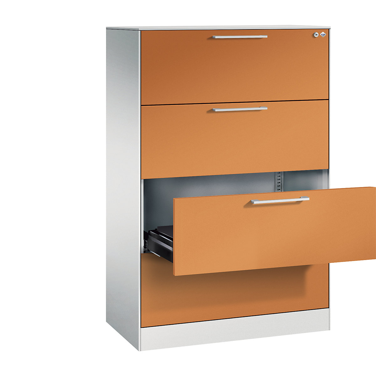 ASISTO card file cabinet – C+P, height 1292 mm, with 4 drawers, A4 landscape, light grey/yellow orange-20
