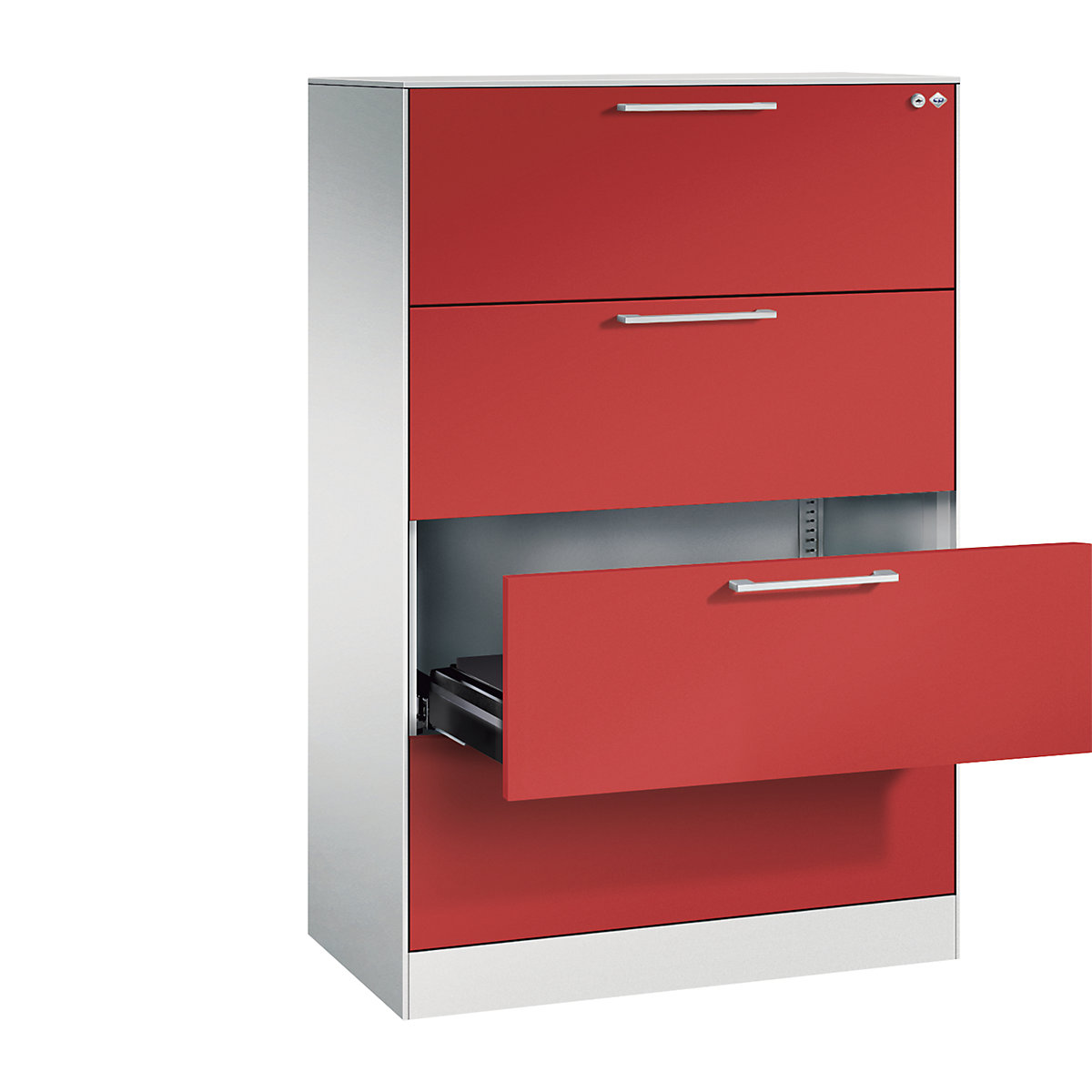 ASISTO card file cabinet – C+P, height 1292 mm, with 4 drawers, A4 landscape, light grey/flame red-15