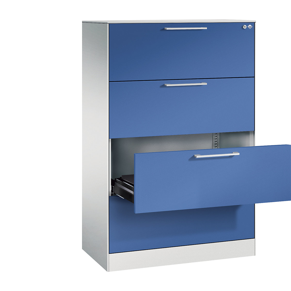 ASISTO card file cabinet – C+P, height 1292 mm, with 4 drawers, A4 landscape, light grey/gentian blue-8