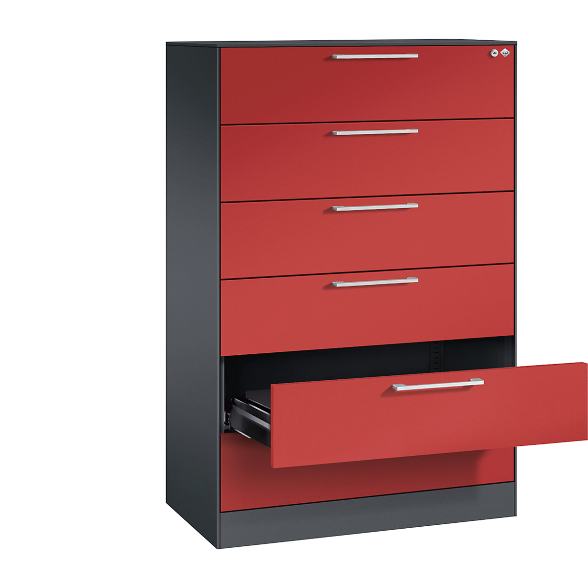 ASISTO card file cabinet – C+P, height 1292 mm, with 6 drawers, A5 landscape, black grey/flame red-9