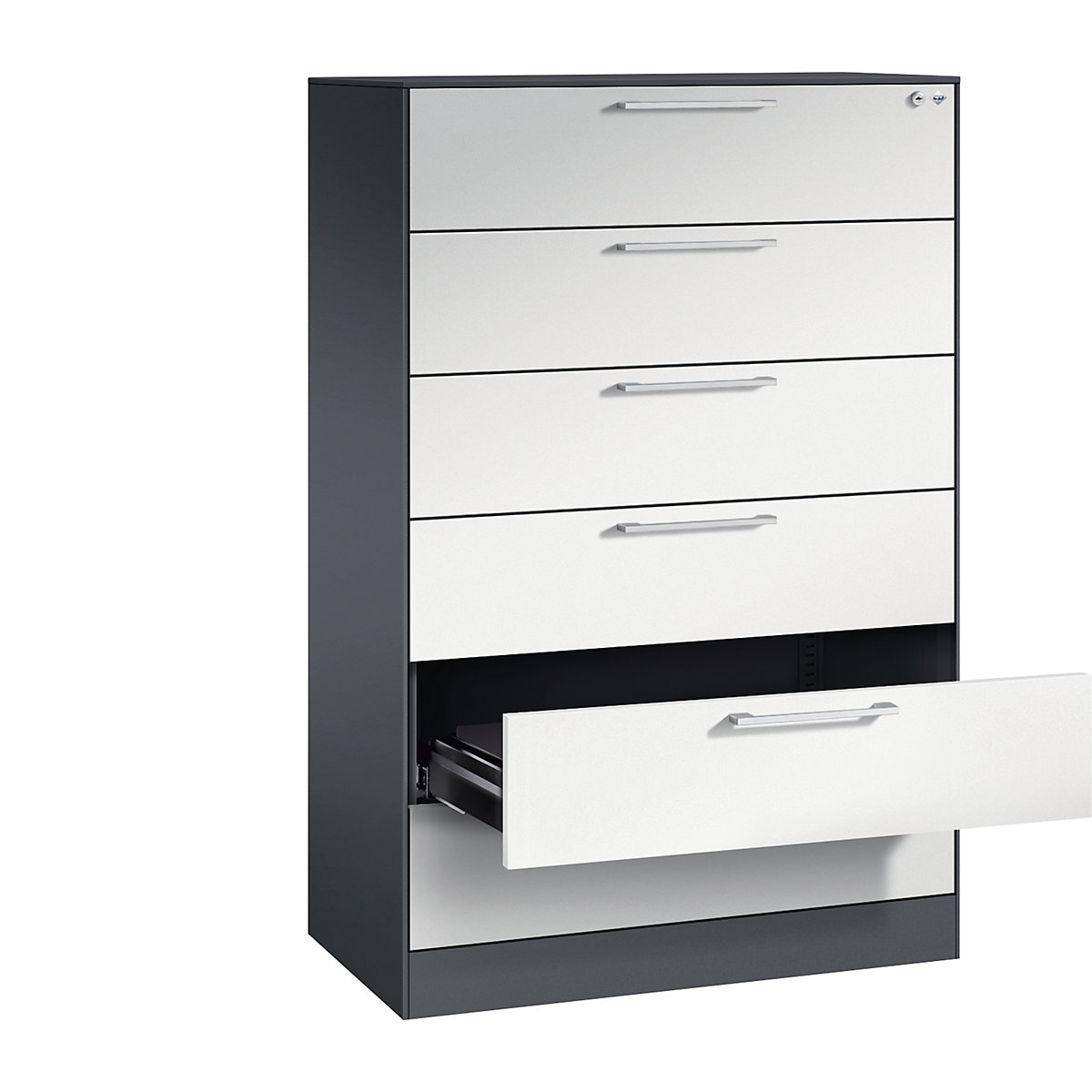 ASISTO card file cabinet – C+P, height 1292 mm, with 6 drawers, A5 landscape, black grey/light grey-6
