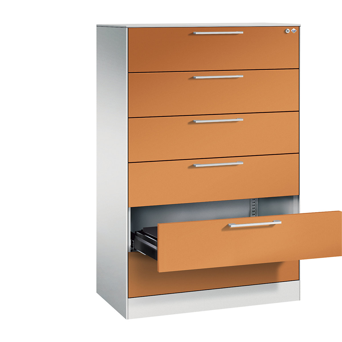 ASISTO card file cabinet – C+P, height 1292 mm, with 6 drawers, A5 landscape, light grey/yellow orange-18