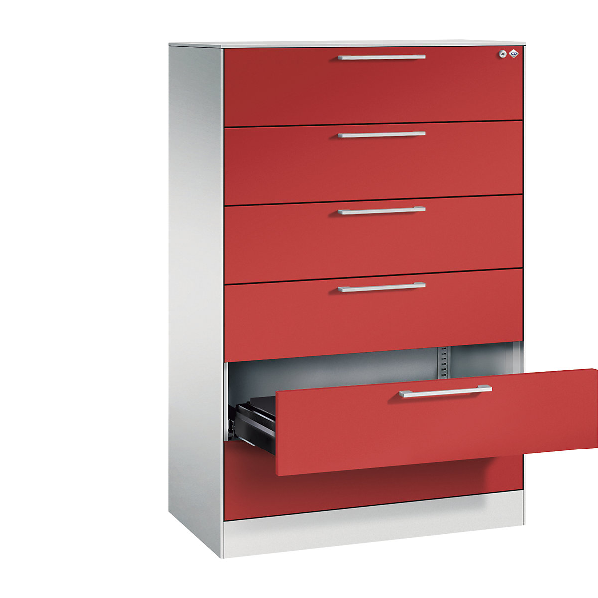 ASISTO card file cabinet – C+P, height 1292 mm, with 6 drawers, A5 landscape, light grey/flame red-15