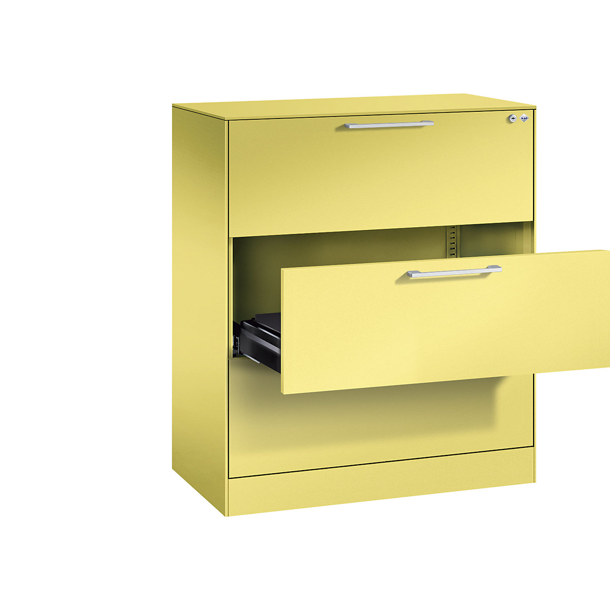 ASISTO card file cabinet – C+P, height 992 mm, with 3 drawers, A4 landscape, sulphur yellow/sulphur yellow-15