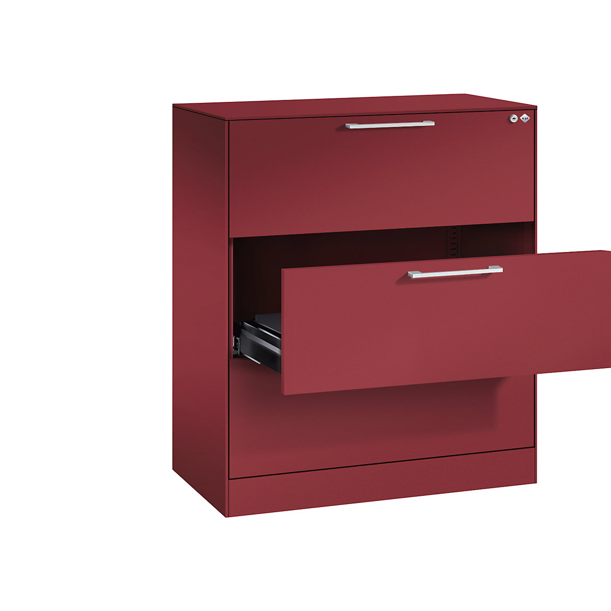 ASISTO card file cabinet – C+P, height 992 mm, with 3 drawers, A4 landscape, ruby red/ruby red-7