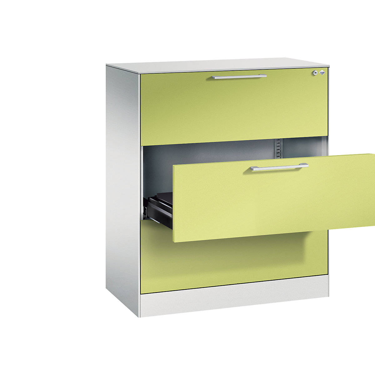 ASISTO card file cabinet – C+P, height 992 mm, with 3 drawers, A4 landscape, light grey/viridian green-4