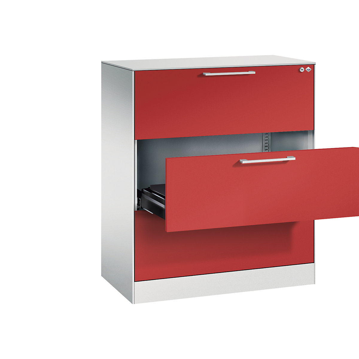 ASISTO card file cabinet – C+P, height 992 mm, with 3 drawers, A4 landscape, light grey/flame red-6