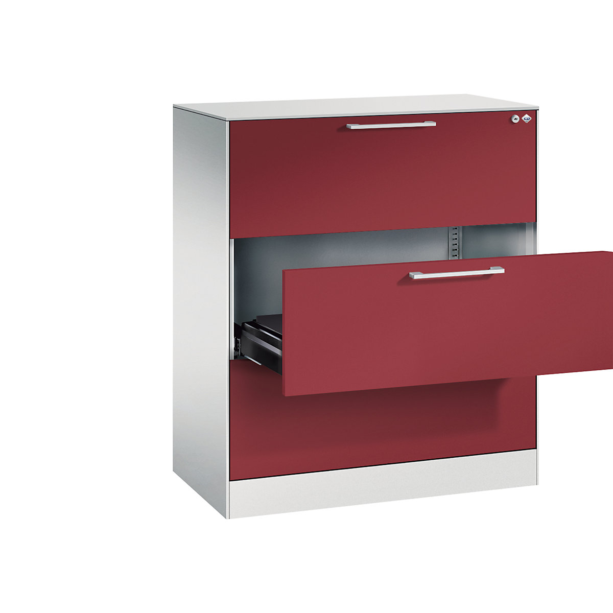 ASISTO card file cabinet – C+P, height 992 mm, with 3 drawers, A4 landscape, light grey/ruby red-3