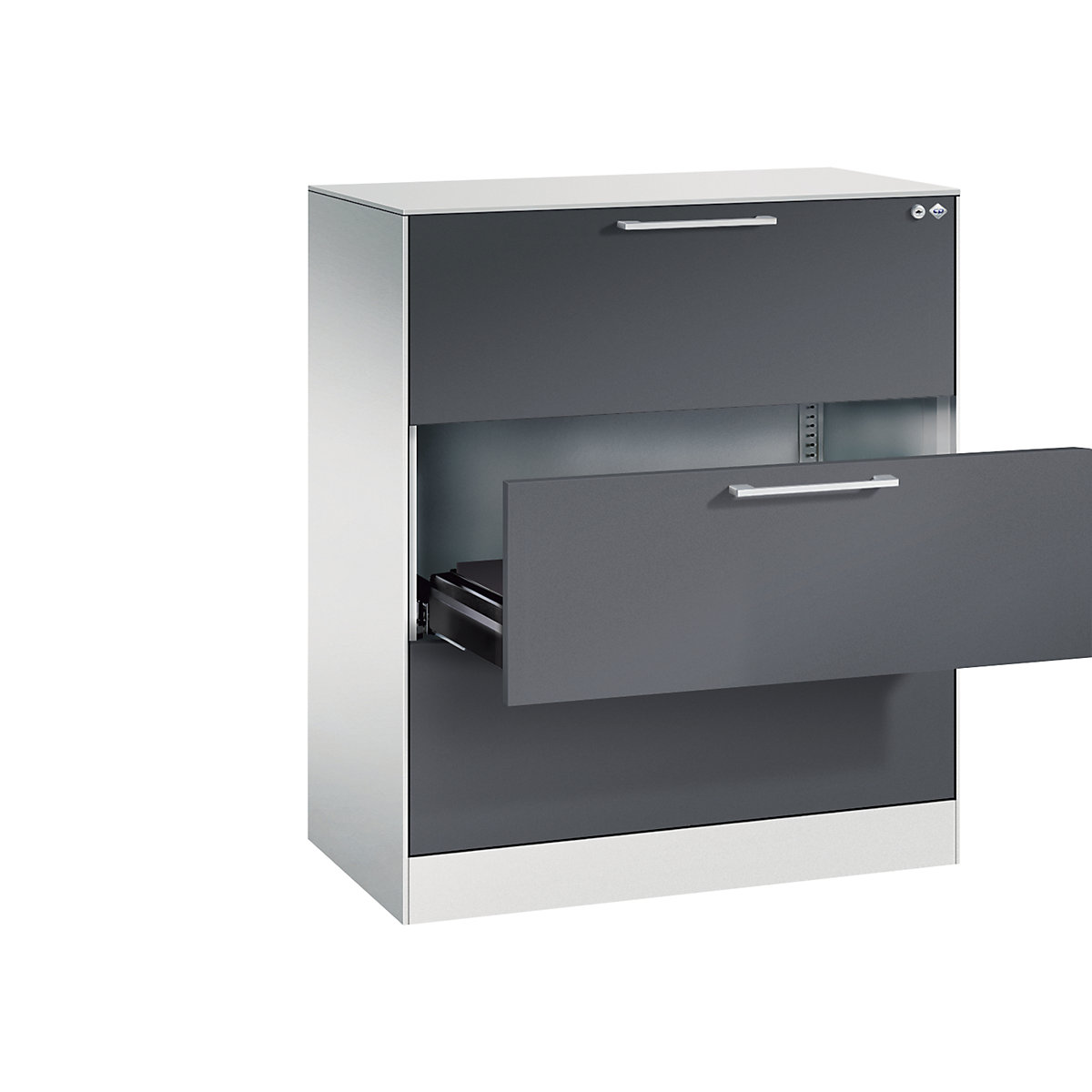 ASISTO card file cabinet – C+P, height 992 mm, with 3 drawers, A4 landscape, light grey/black grey-20