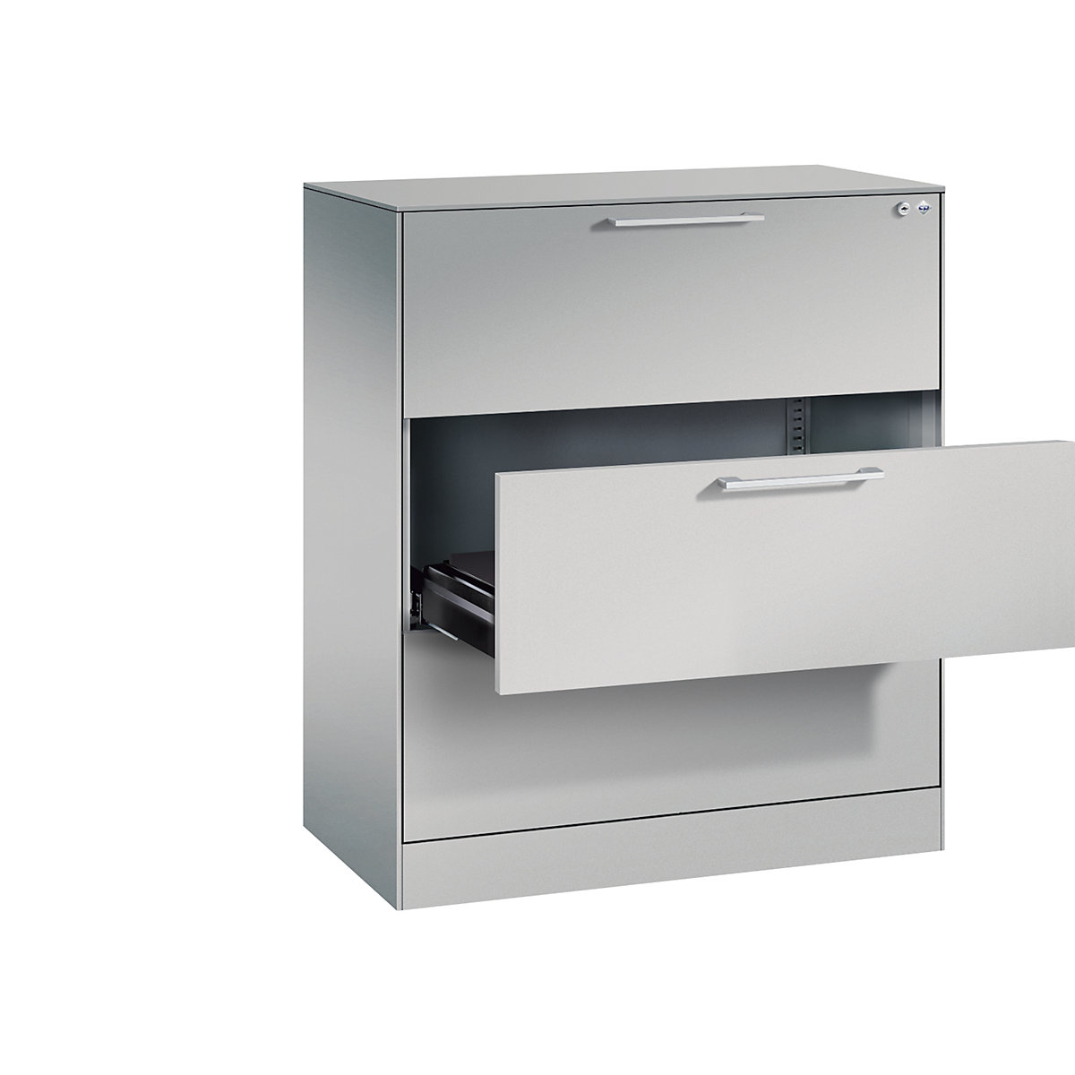 ASISTO card file cabinet – C+P, height 992 mm, with 3 drawers, A4 landscape, white aluminium/white aluminium-9