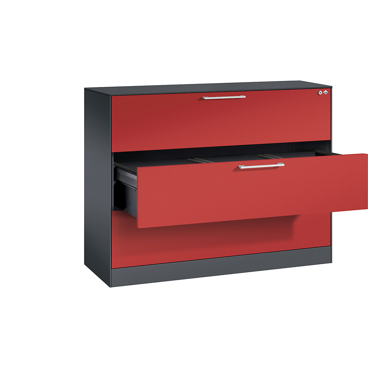 ASISTO suspension filing cabinet – C+P, width 1200 mm, with 3 drawers, black grey/flame red-21