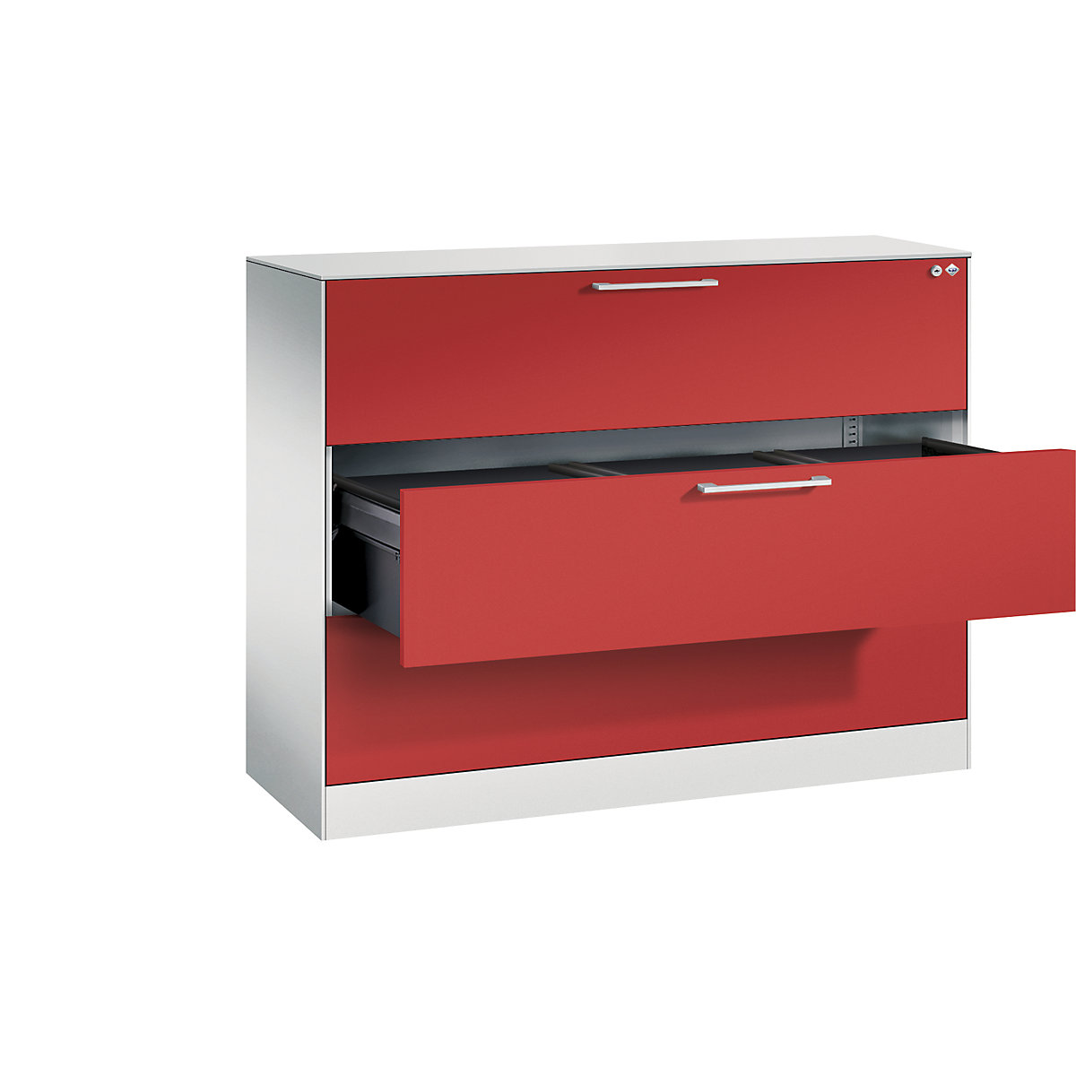 ASISTO suspension filing cabinet – C+P, width 1200 mm, with 3 drawers, light grey/flame red-14