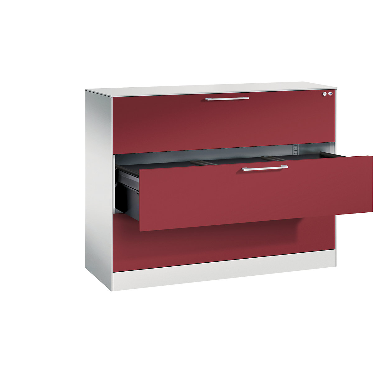 ASISTO suspension filing cabinet – C+P, width 1200 mm, with 3 drawers, light grey/ruby red-15