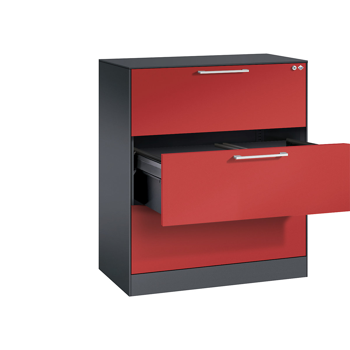 ASISTO suspension filing cabinet – C+P, width 800 mm, with 3 drawers, black grey/flame red-21