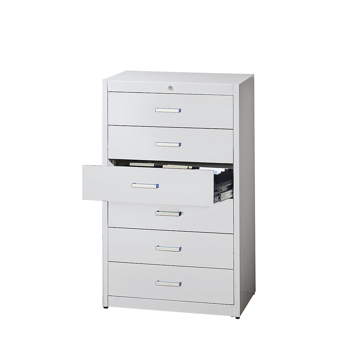 Card file cabinet, bar handles – mauser, 6 drawers, standard retraction mechanism, 3-track, light grey-6