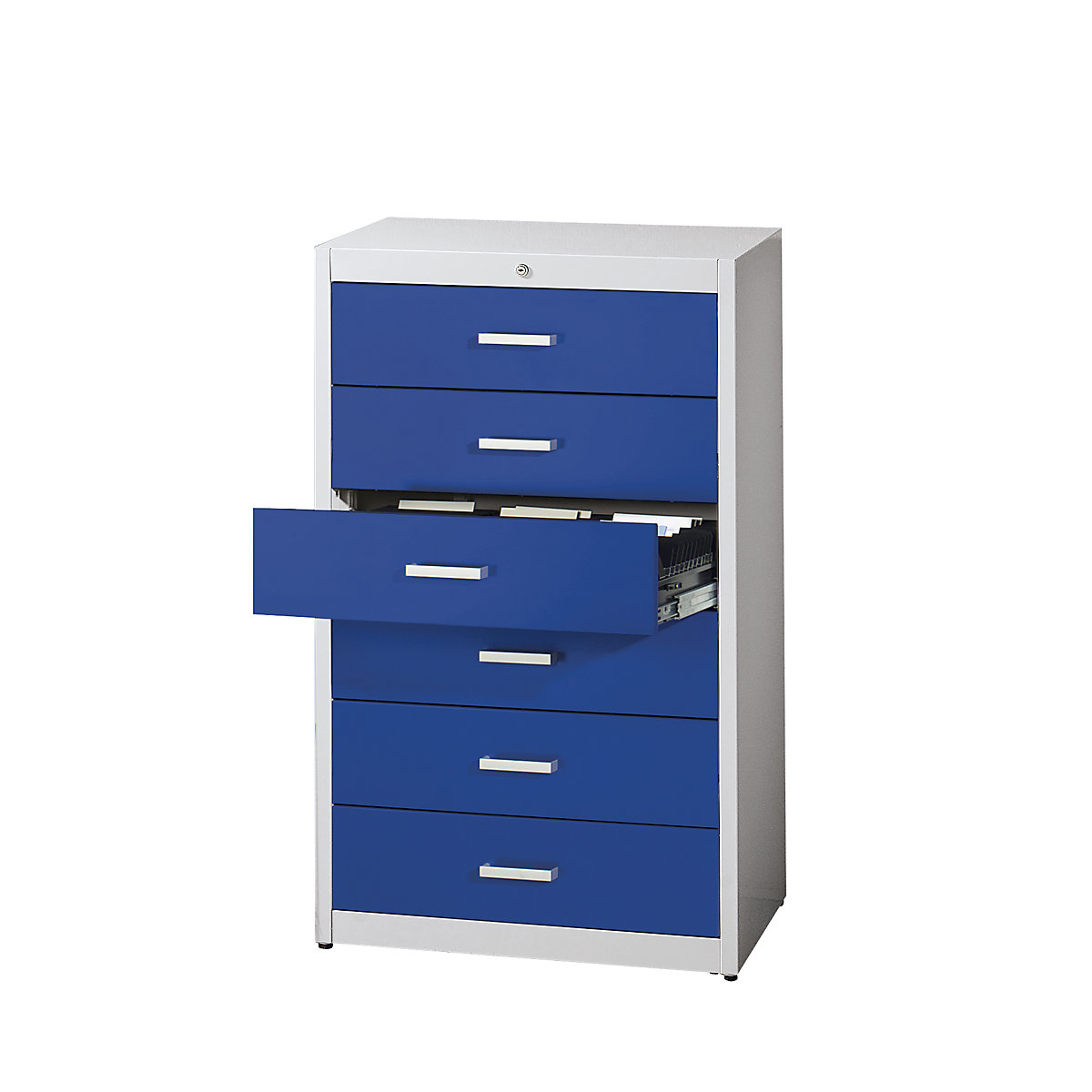 Card file cabinet, bar handles – mauser, 6 drawers, soft retraction mechanism, 3-track, light grey / ultramarine blue-7