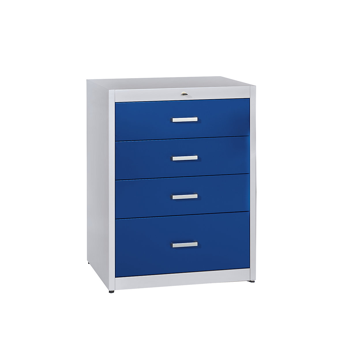 Card file cabinet, bar handles – mauser, 4 drawers, standard retraction mechanism, 3-track, light grey / ultramarine blue-6