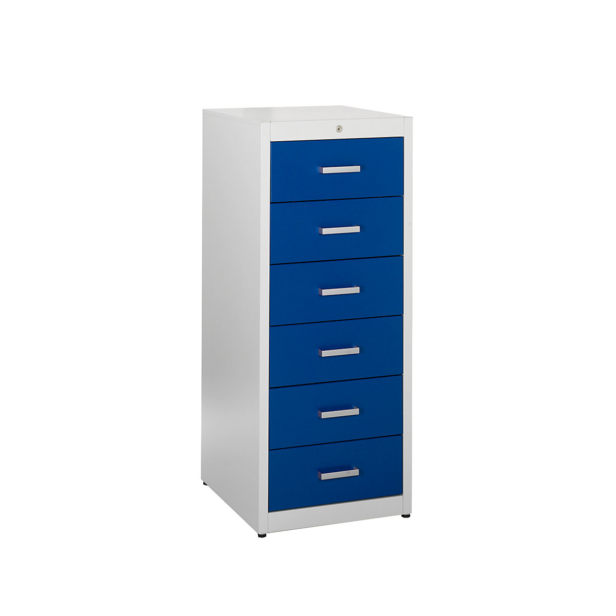 Card file cabinet, bar handles – mauser, 6 drawers, standard retraction mechanism, 2-track, light grey / ultramarine blue-5