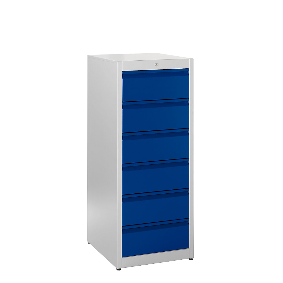 Card file cabinet, grip rails – mauser, 6 drawers, soft retraction mechanism, 2-track, light grey / ultramarine blue-6
