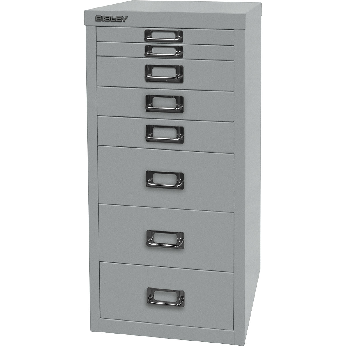 Bisley Multidrawer 29er DIN A4, 8 Schübe in 3 Höhen, Sockel, silber